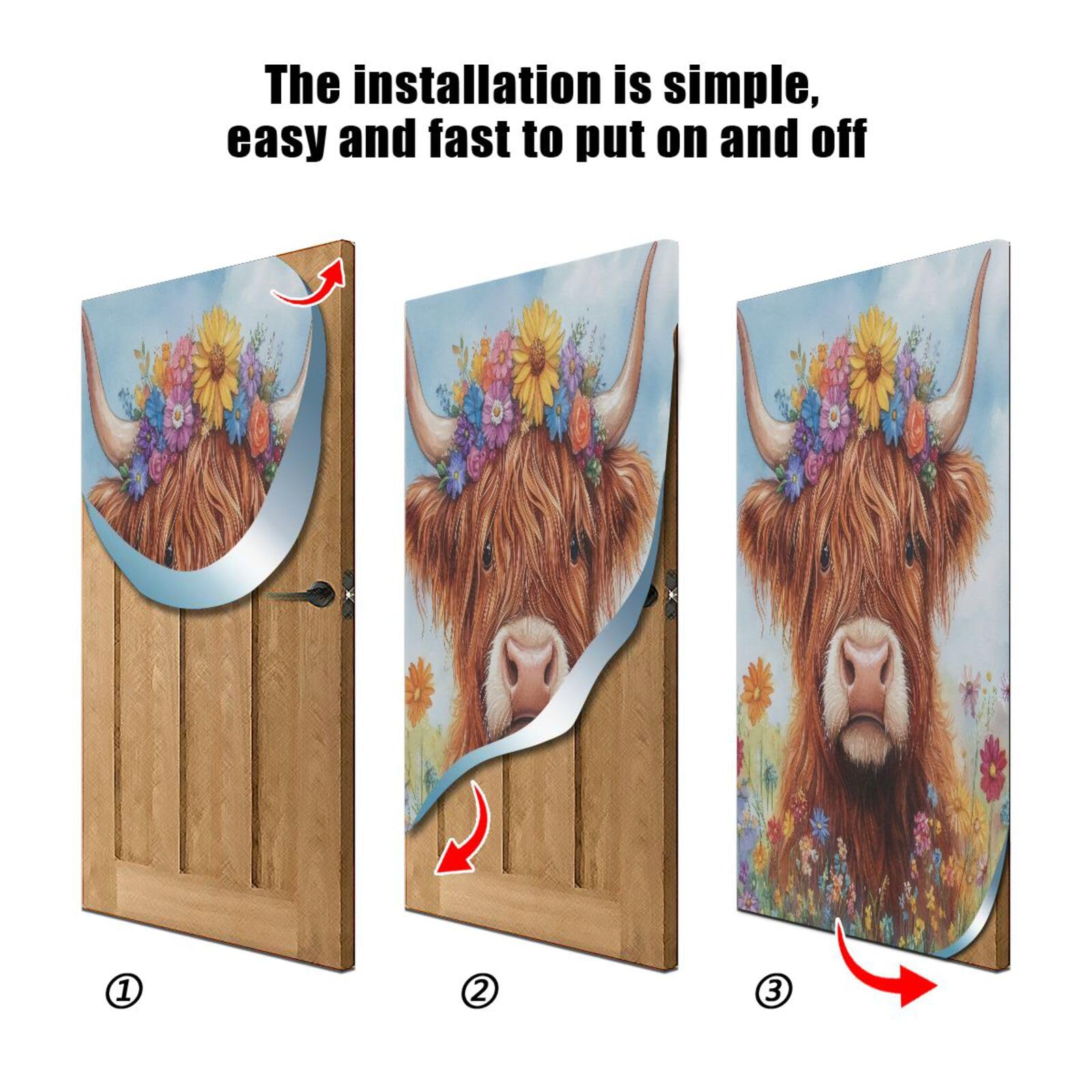 FLildon Highland Calf with Flowers Door Cover Decoration, Party Accessory Porch Decor for Festive Ornament Room Door Covers 32 x 79 Inch