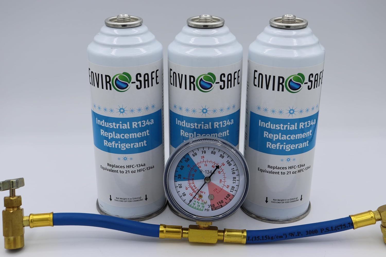 ENVIRO-SAFE Industrial R134a Repalcement Refrigerant, 3 cans with Brass Charging Gauge