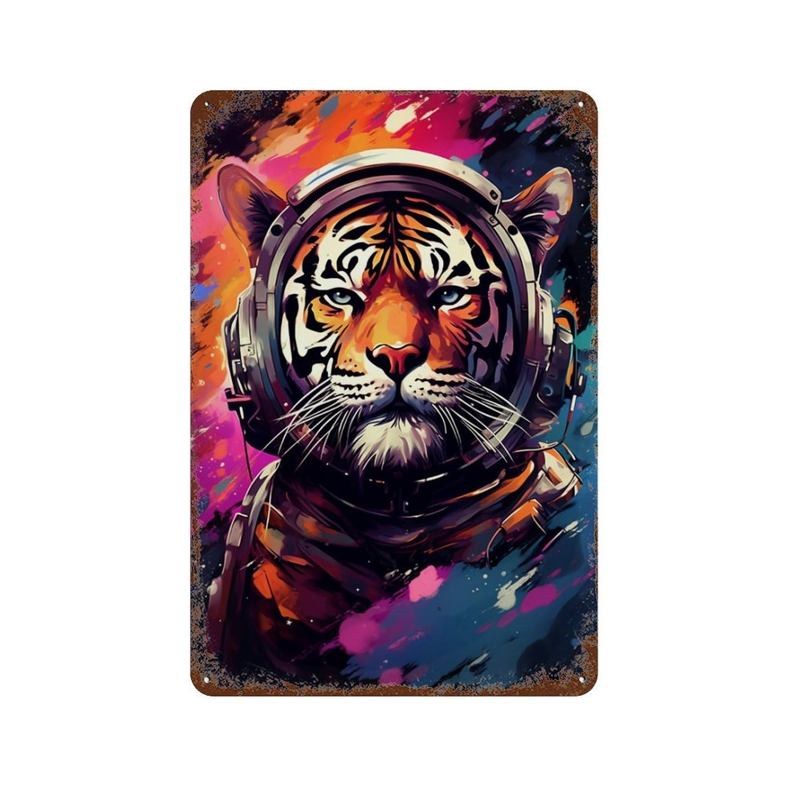 Garage Style Tiger Astronaut Space Art Print Vintage Rust Metal Sign 11.8"x7.9", Shabby Chic Decor for Bar And Workshop