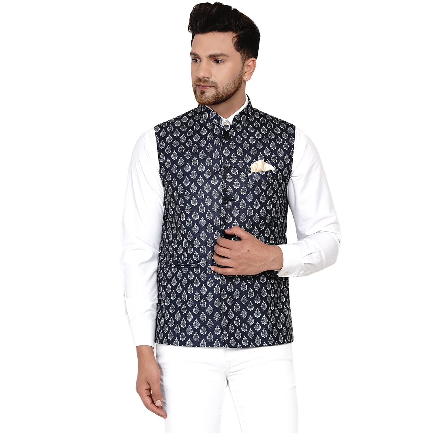 veera paridhaan Men's Cotton Printed Nehru Jacket (Blue)-picture-14