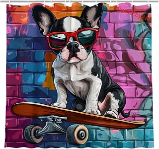 NGZ Funny Boston Terrier Colorful Shower Curtain Durable Waterproof Fabric Bathtub Sets Home Fabric Bathroom Shower Curtain Set with Hooks 72x72 Inch
