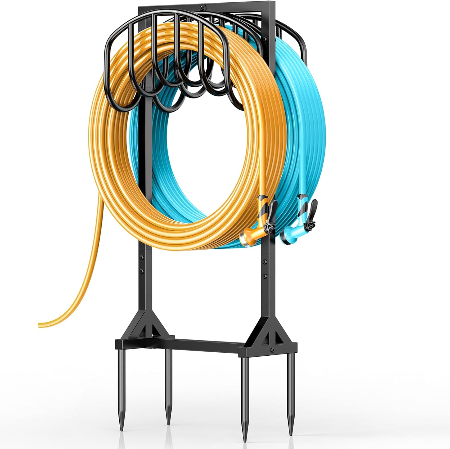 Garden Water Hose Holder Holds 2 * 150Ft Hoses, Heavy-Duty Metal Freestanding Hose Holder with 4 Spikes, Rustproof Garden Hose Reels Hose Hanger Storage for Outside, Yard, Lawn, Farm, Black