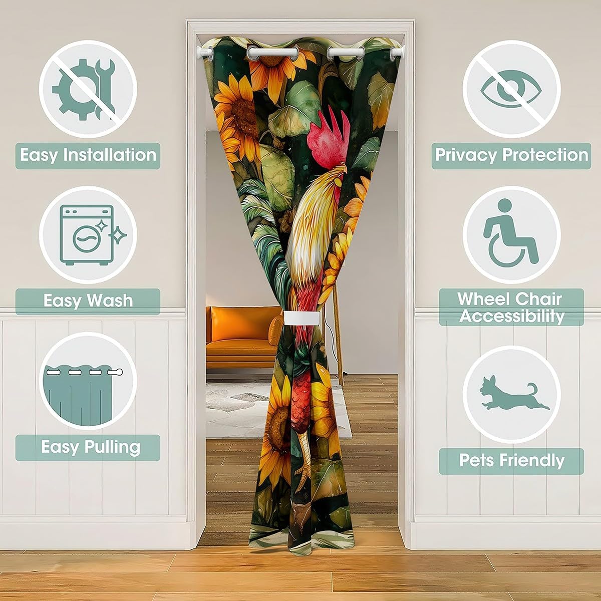 Manfei Rooster Door Curtain Yellow Sunflower Doorway Curtain for Closet Door, Farm Animal Theme Door Drapes Blackout Curtain for Bedroom Privacy, Kids Boys Girls Room Decor, 34"x80" 1 Panel