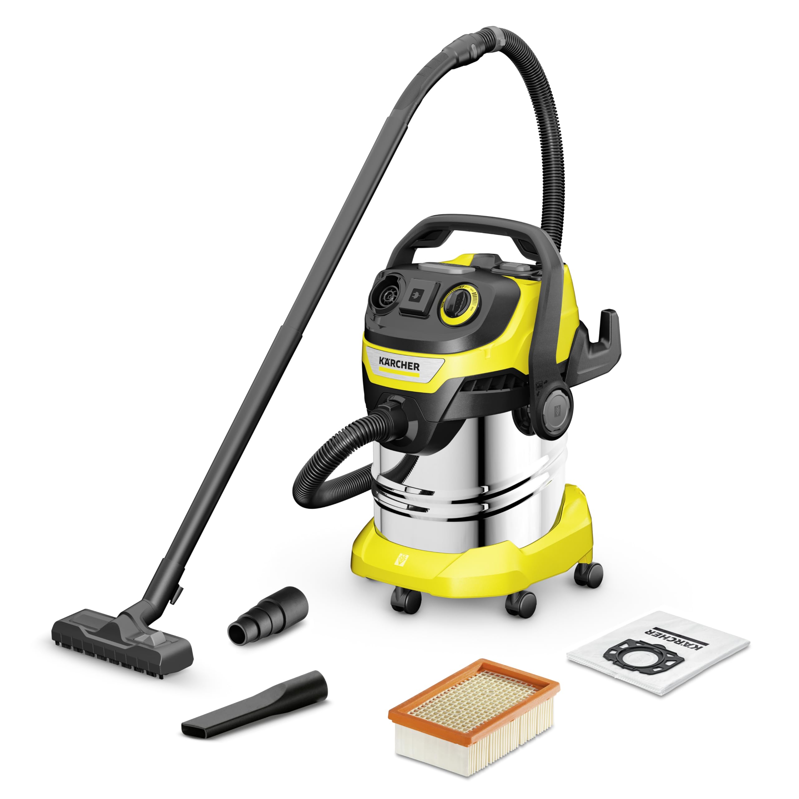 Kärcher WD 5P S V-25/5/22, aspirapolvere per acqua e polvere, con presa di corrente, funzione di pulizia del filtro pieghettato piatto, cassetta filtrante, 1100 W, serbatoio: 25 l, tubo di aspirazione
