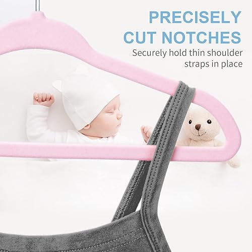 Miniatura 9 de MOERKADA Perchas para bebé, paquete de 50 perchas antideslizantes de terciopelo, ultra delgadas que ahorran espacio, gancho giratorio de 360,