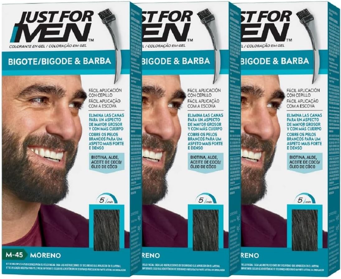Just For Men Tinte Colorante En Gel Para Barba Y Bigote. Con Aloe y Aceite de Coco, para una Barba Sin Canas y con Aspecto Más Denso en 5 minutos. Tono Moreno, M45 (3 Pack)