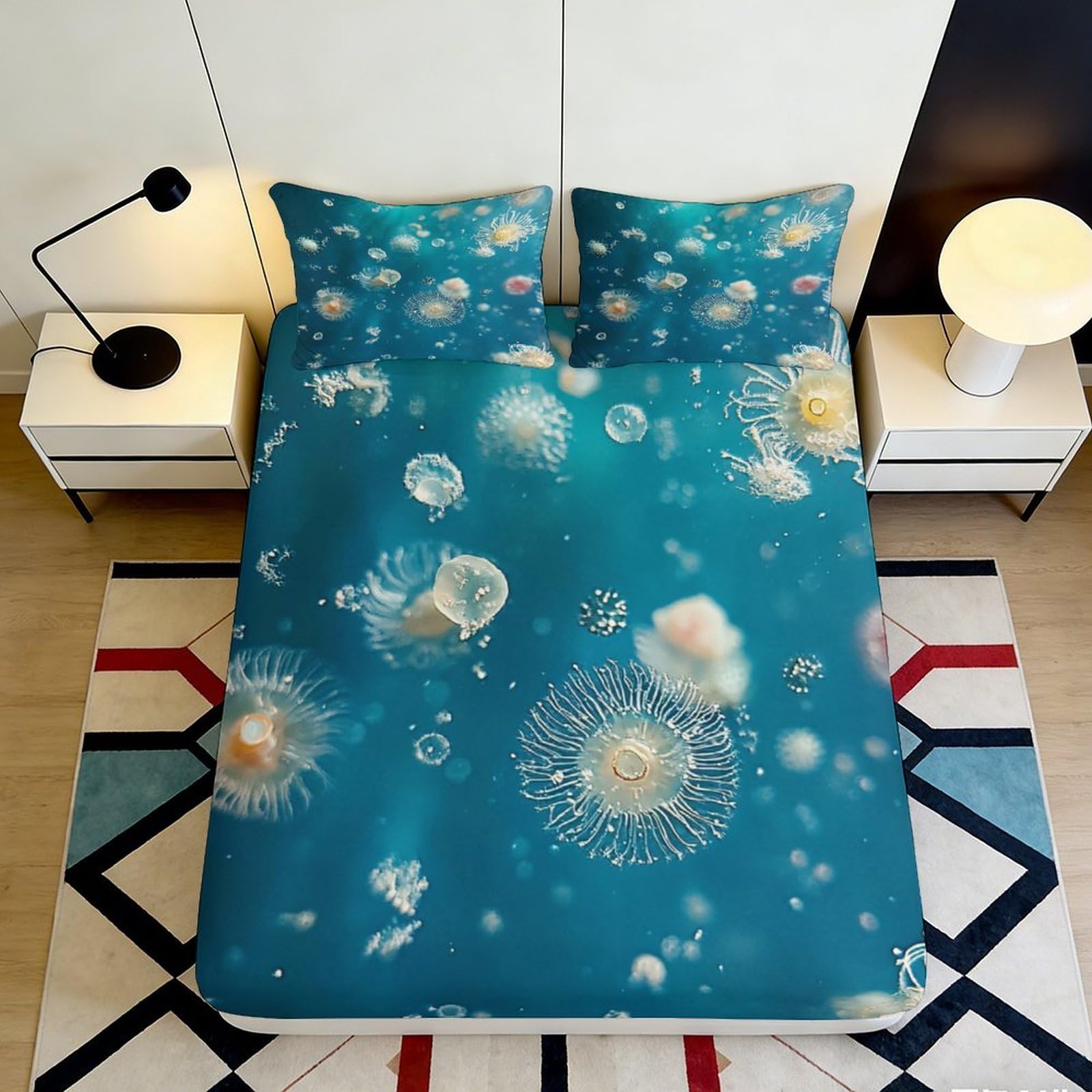 3D Printed Jellyfish Ocean Fitted Sheet Microfiber Soft Mattress Cover Bedroom Dorm Decor Easy Care 90x200x25cm
