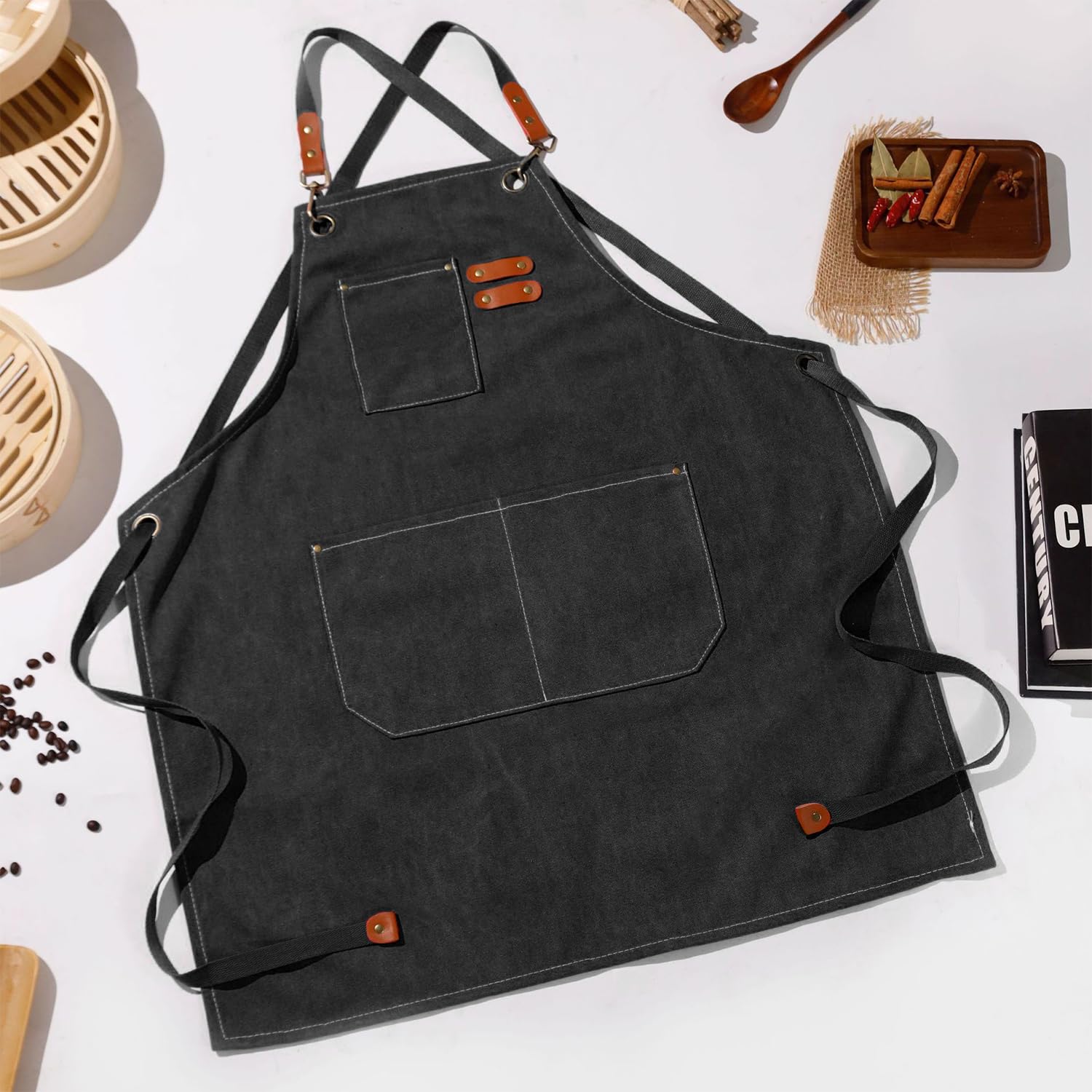 USHXVG 1 Canvas Apron, 1 Pair of Sleeves, Waterproof and Stain-Proof Apron, Multi-pocket Adjustable Apron - Image 4