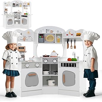 HOMASIS Children's Kitchen with Light & Sound Play Kitchen with 16 Play Accessories Kitchen Set with Coffee Machine Sink Microwave Oven Washing Machine Toy Kitchen Wood Corner Kitchen for