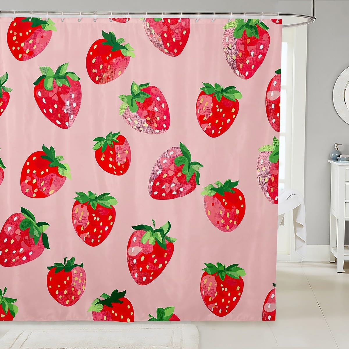 Erosebridal Sweet Girl Shower Curtain Strawberry Pattern Room Decorative Bath Curtain Fruit Kawaii Shower Stall Curtain Pink Bathroom Sets Accessories for Kids Girls Women with Hooks 72" W x 78" L