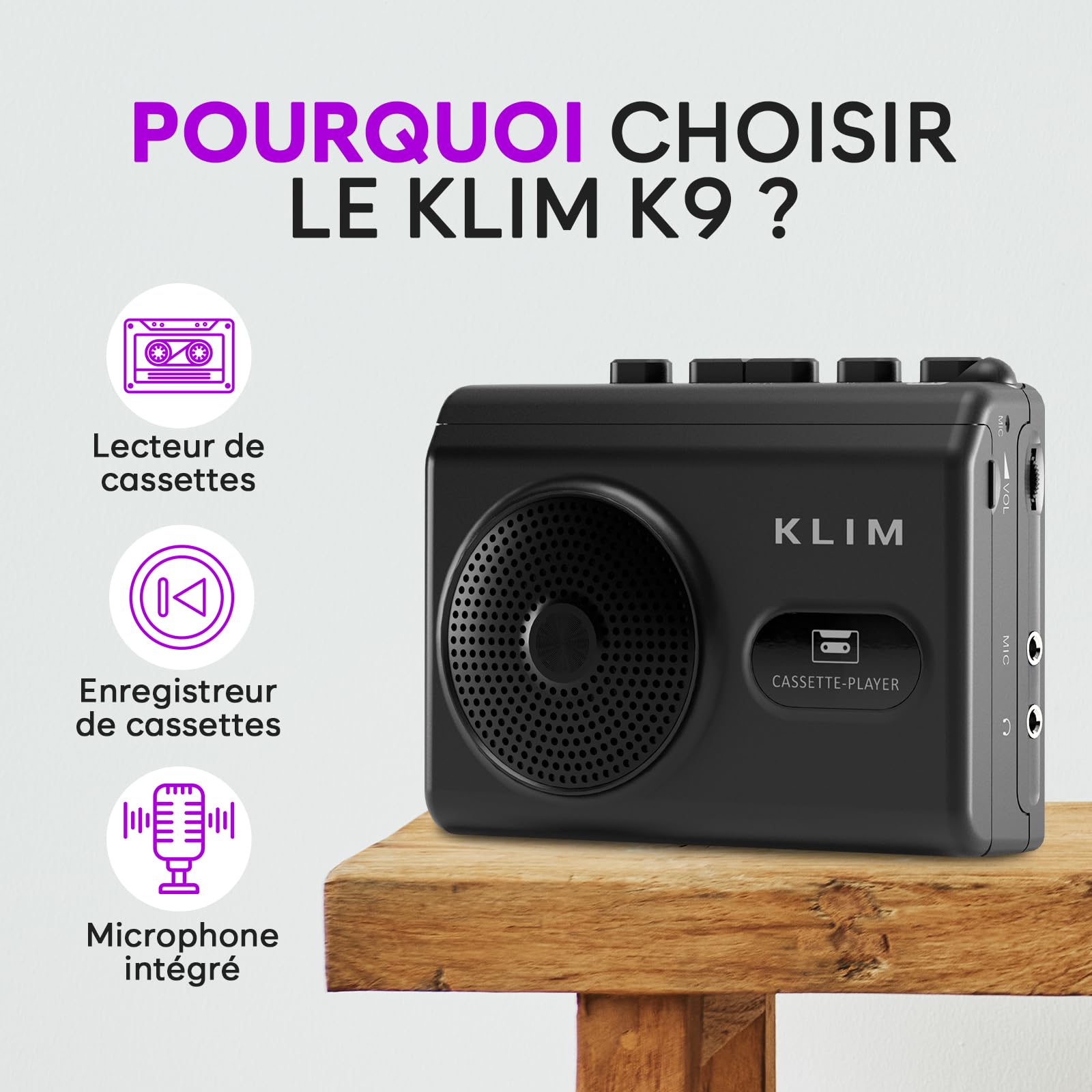 Lecteur Cassette Audio Enregistreur KLIM K9 – Baladeur Cassette Portable avec Haut-Parleur, Microphone, Prise Casque, Alimentation Piles AA/AC, 2 Piles et Écouteurs Inclus