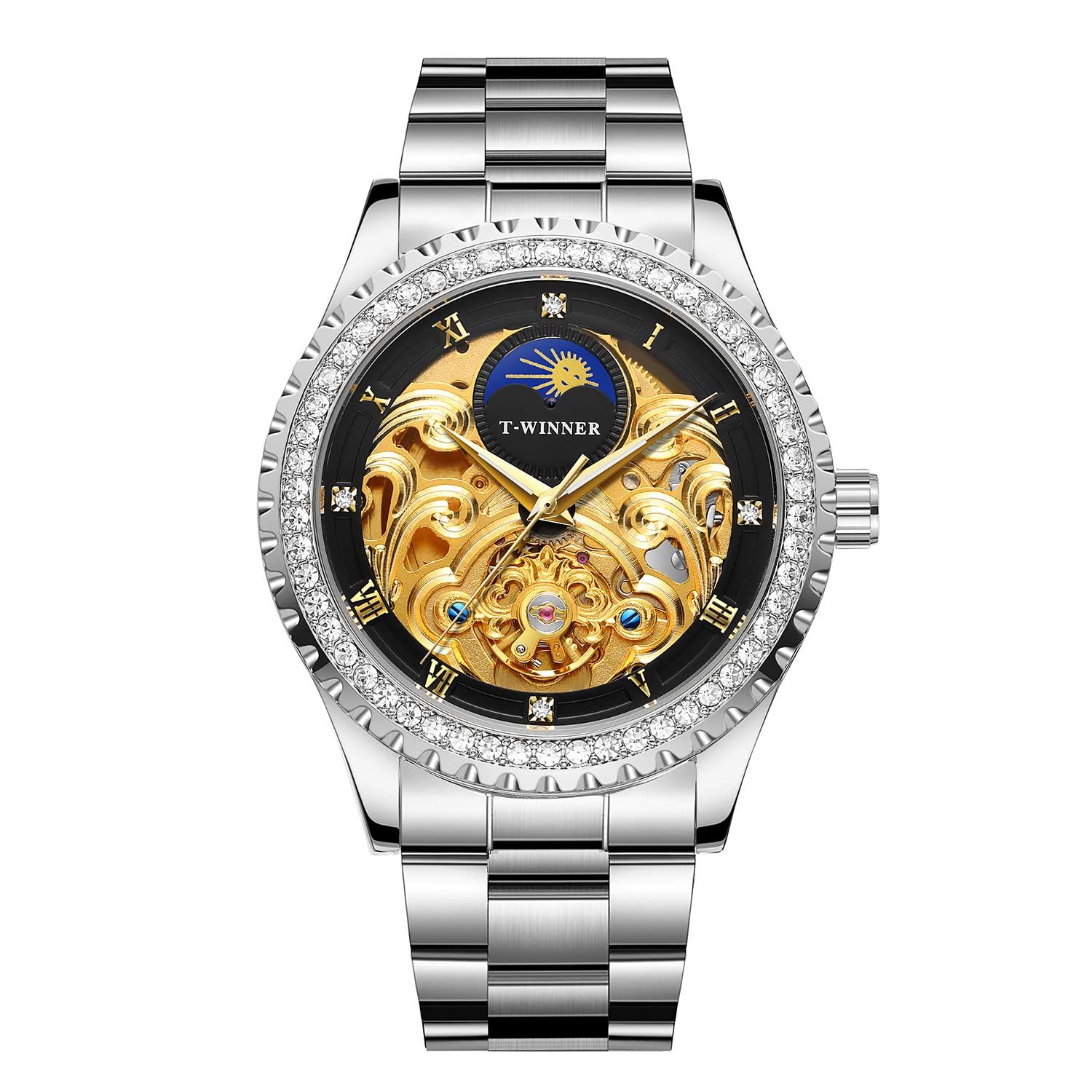 Forsining Orologio da polso automatico automatico a carica automatica della fase lunare con scheletro floreale numero romano diamante quadrante orologio da polso