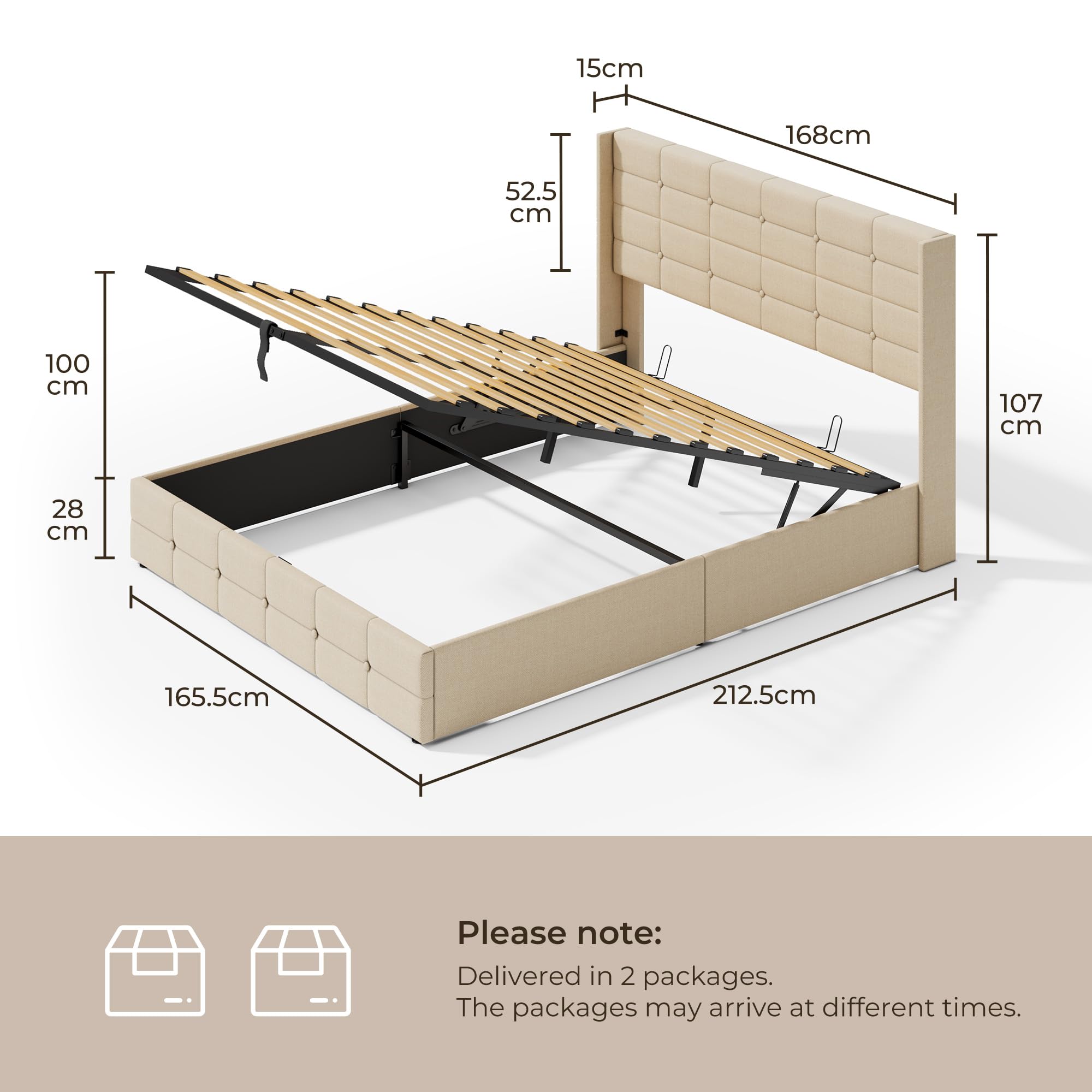 Lit Coffre 160x200 cm, lit Hydraulique avec Étagères Ouvertes et Rangement Caché en Tête de Lit Capitonné, Cadre de Lit, Sommier à Lattes, sans Matelas, (Beige, 160x200cm)