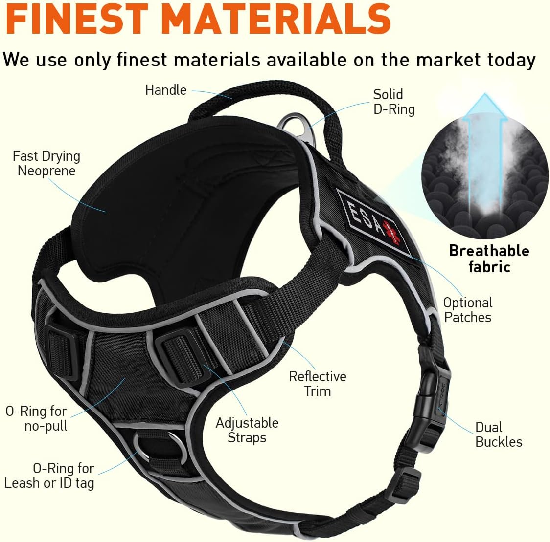 Dogline Quest No-Pull Dog Harness with 3D Rubber ESA Removable Patches Reflective Soft Comfortable Dog Vest with Quick Release Dual Buckles Black Hardware and Handle 15 to 18 inches Black