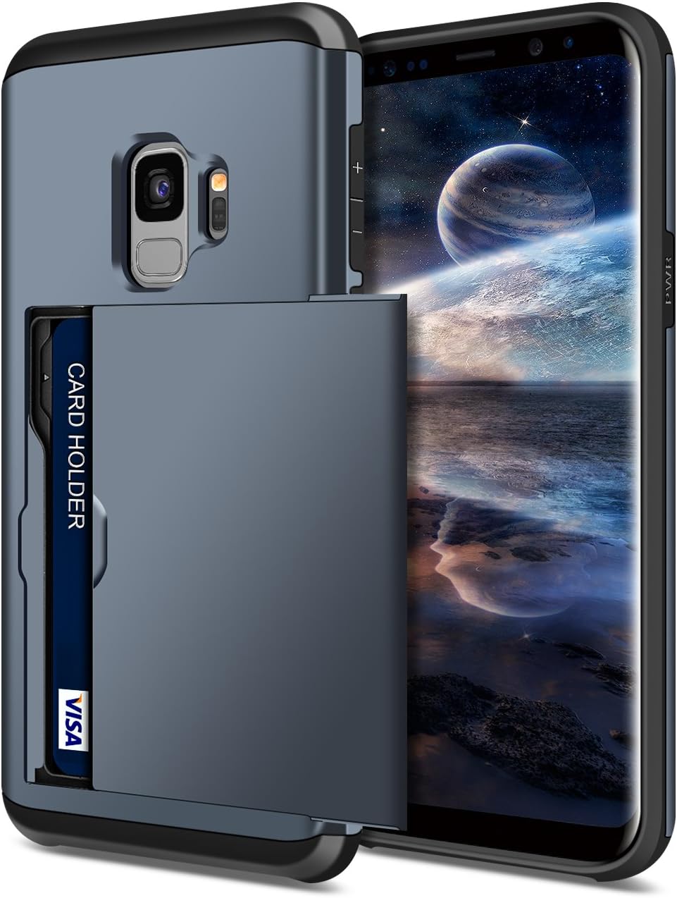 SAMONPOW Wallet Cover for Galaxy S9 Case Hybrid S9 Wallet Case Card Holder Shell Heavy Duty Protection Shockproof Anti Scratch Soft Rubber Bumper Cover Case for Samsung Galaxy S9 Dark Blue