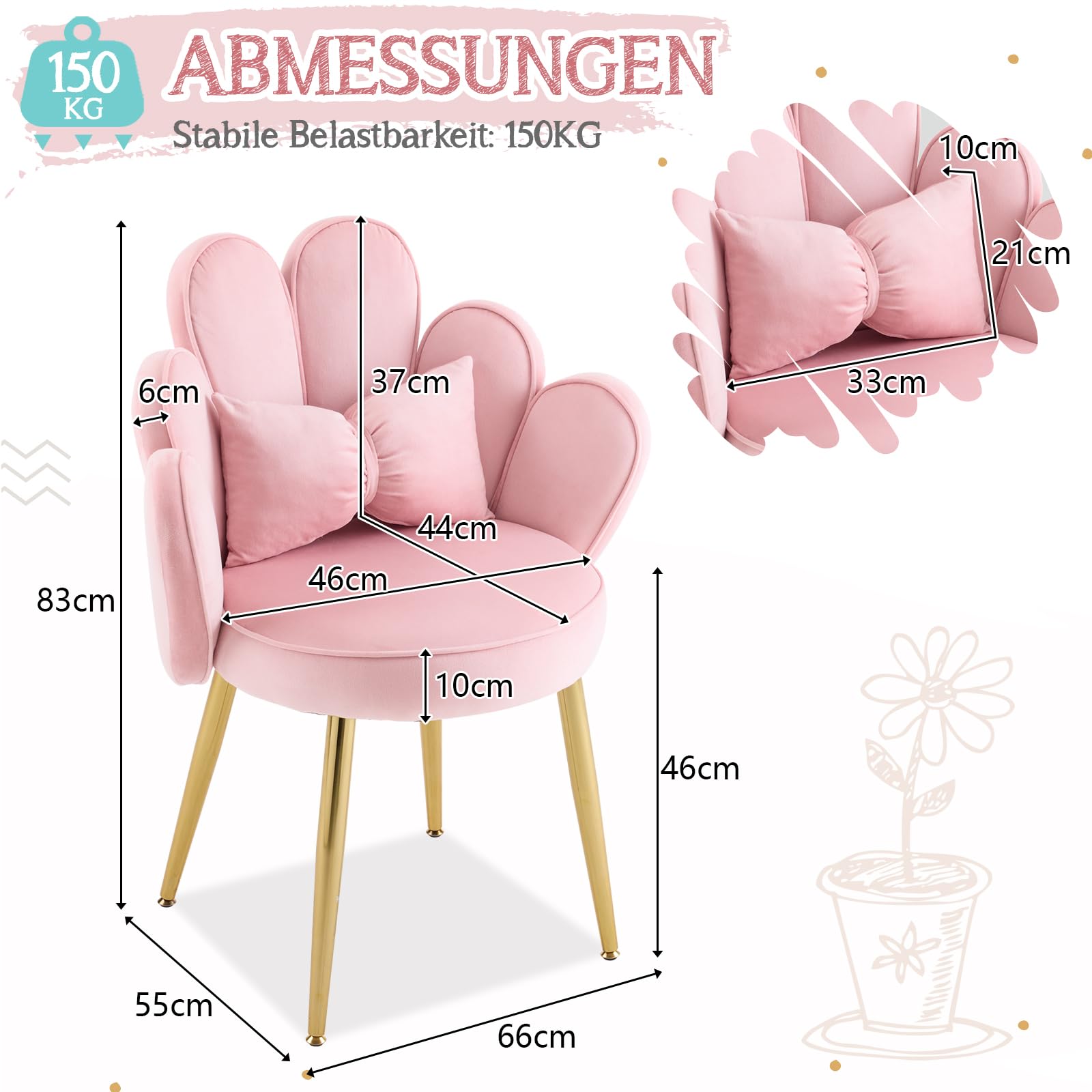 Bonnlo Schminktisch Stuhl mit Blütenblatt-Rückenlehne, Sessel Wohnzimmer, Schminkstuhl, Moderner Esszimmerstuhl mit verstellbaren Goldbeinen & Schleifenkissen für Schlafzimmer, Homeoffice, Rosa