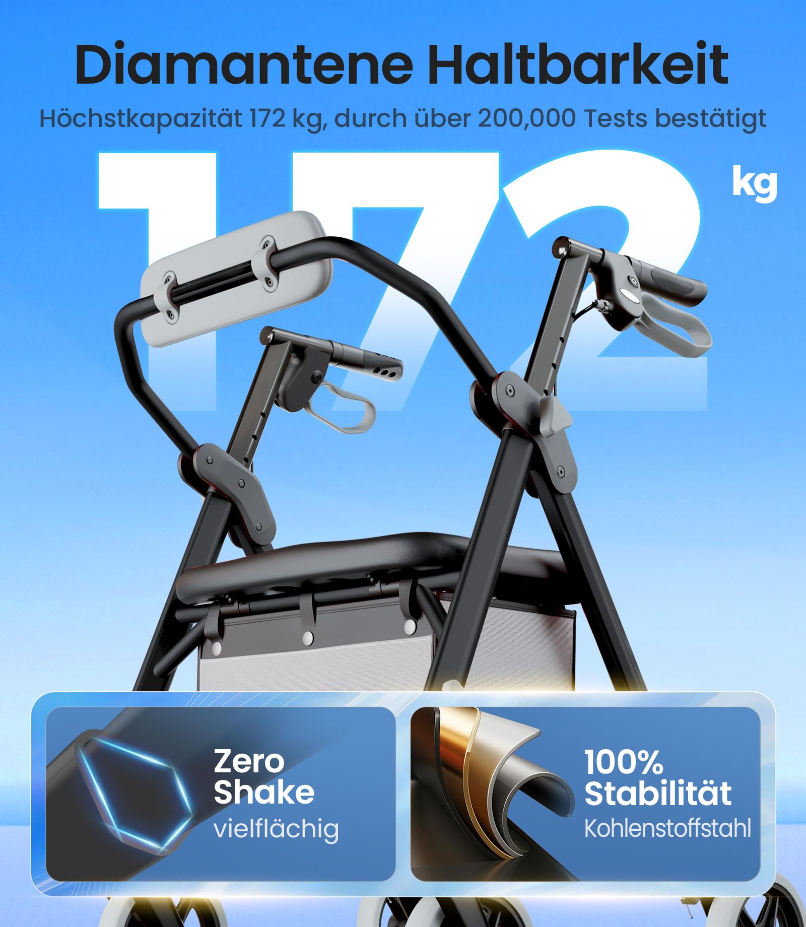 VOCIC Z11 Rollator faltbar und leicht mit Sitz, Max 172kg, Rollator schmal für wohnung, Rollatoren leicht klappbar für Senioren, Ergonomischer Sitz, höhenverstellbar, Obsidian, 5 Jahre Support