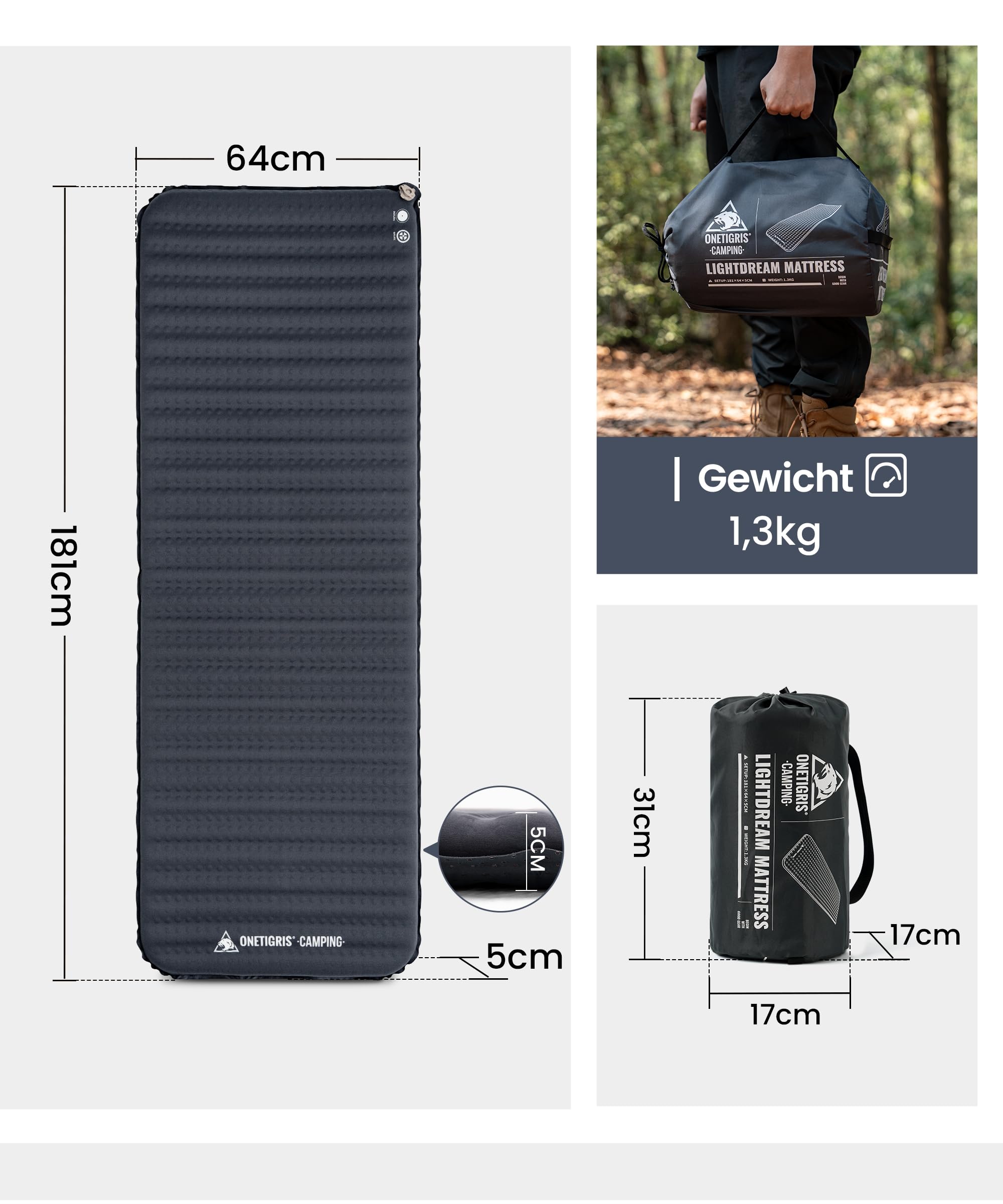 OneTigris LIGHTDREAM Isomatte selbstaufblasend Ultraleicht, 5 cm Dicke Camping Matratze faltbar, Luftmatratze selbstaufblasend für Zelt, Rucksacktourismus, Trekking, Autoreisen (R-Wert 4,5)