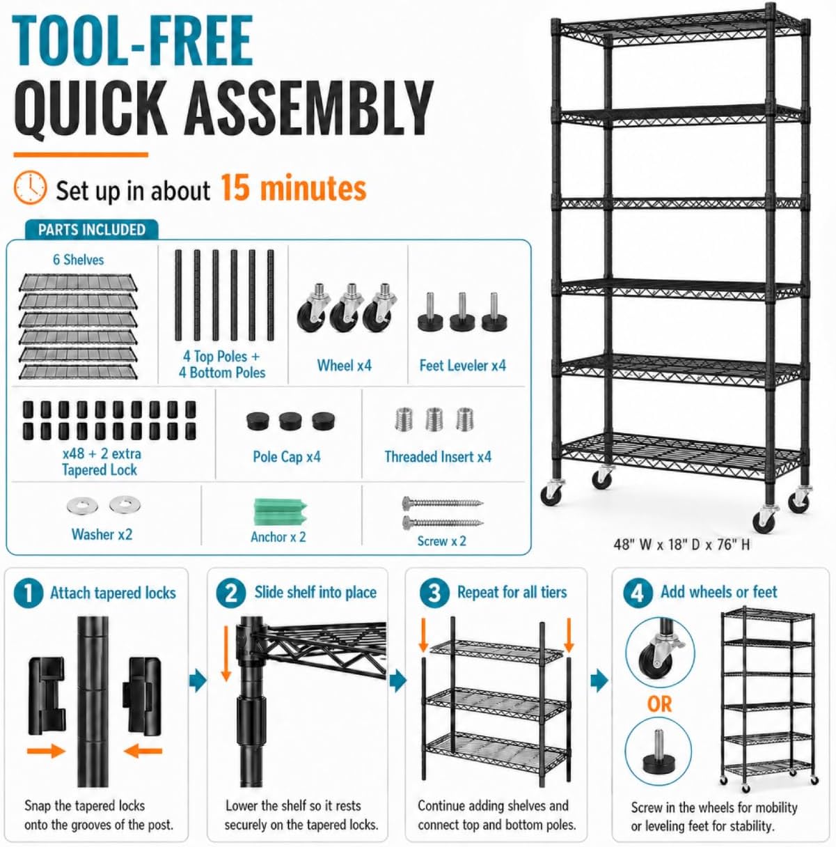 6-Tier Heavy Duty Wire Shelving Unit with Wheels or Leveling Feet, 6000 LBS Total Capacity, Adjustable Metal Storage Rack for Garage, Pantry, Kitchen, Basement, 48" W x 18" D x 76" H, Black