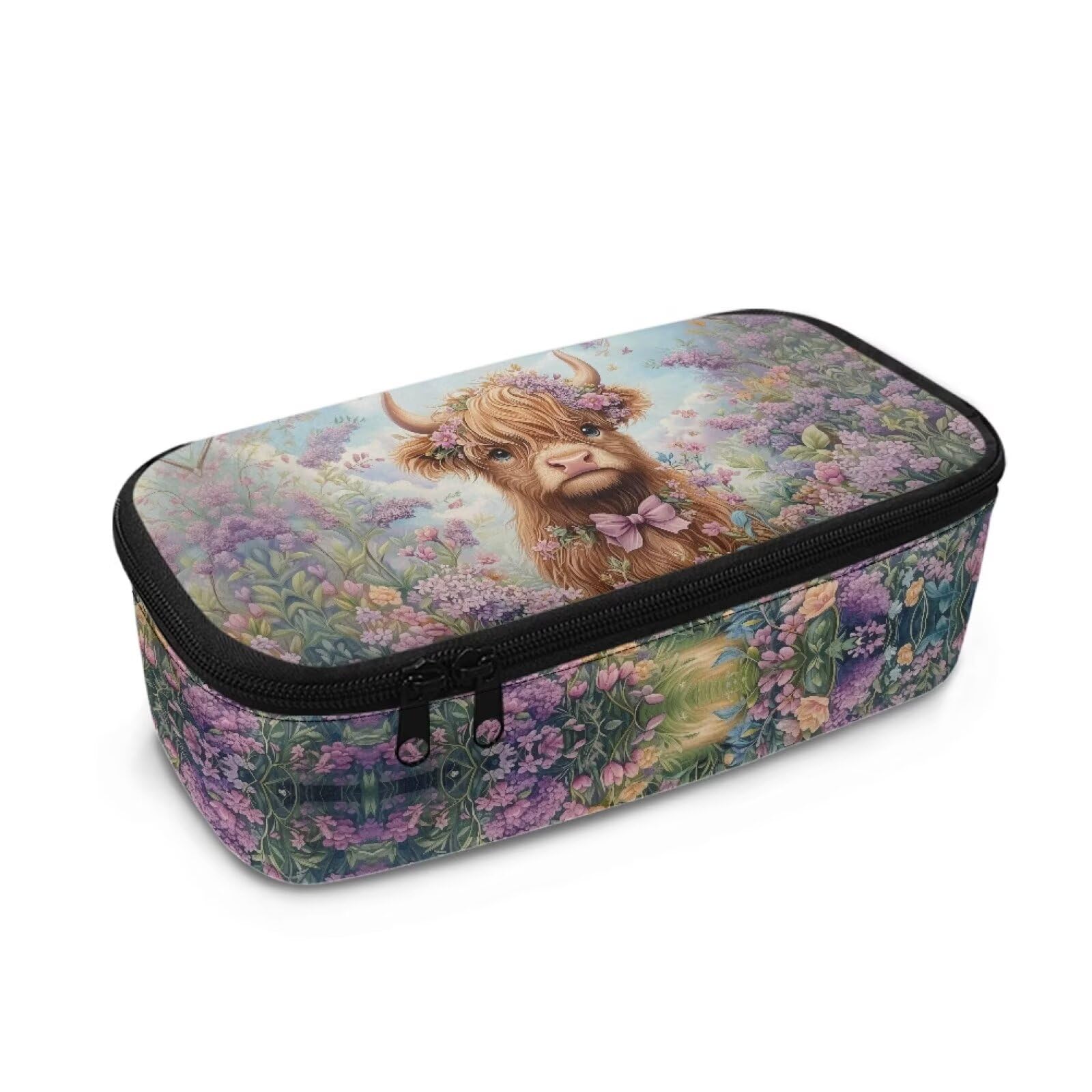 Howilath Highland Cow Girls Floral Big Pencil Case Large Capacity Kids Pencil Pouch Organiser Secondary/Primary School Supplies Pencilcase