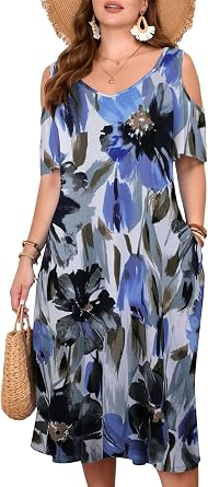 LARACE Plus Size Women Dress for Summer, Midi Womens Sundress, Casual V-Neck Short Sleeve Flowy T-Shirt Dresses with Pockets