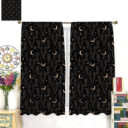 Vista 396 de Cortinas de cabeza de cabra, misteriosa cabeza de cabra malvada, calavera negra, bolsillo para barra, cortinas opacas para ventana, juego de 2
