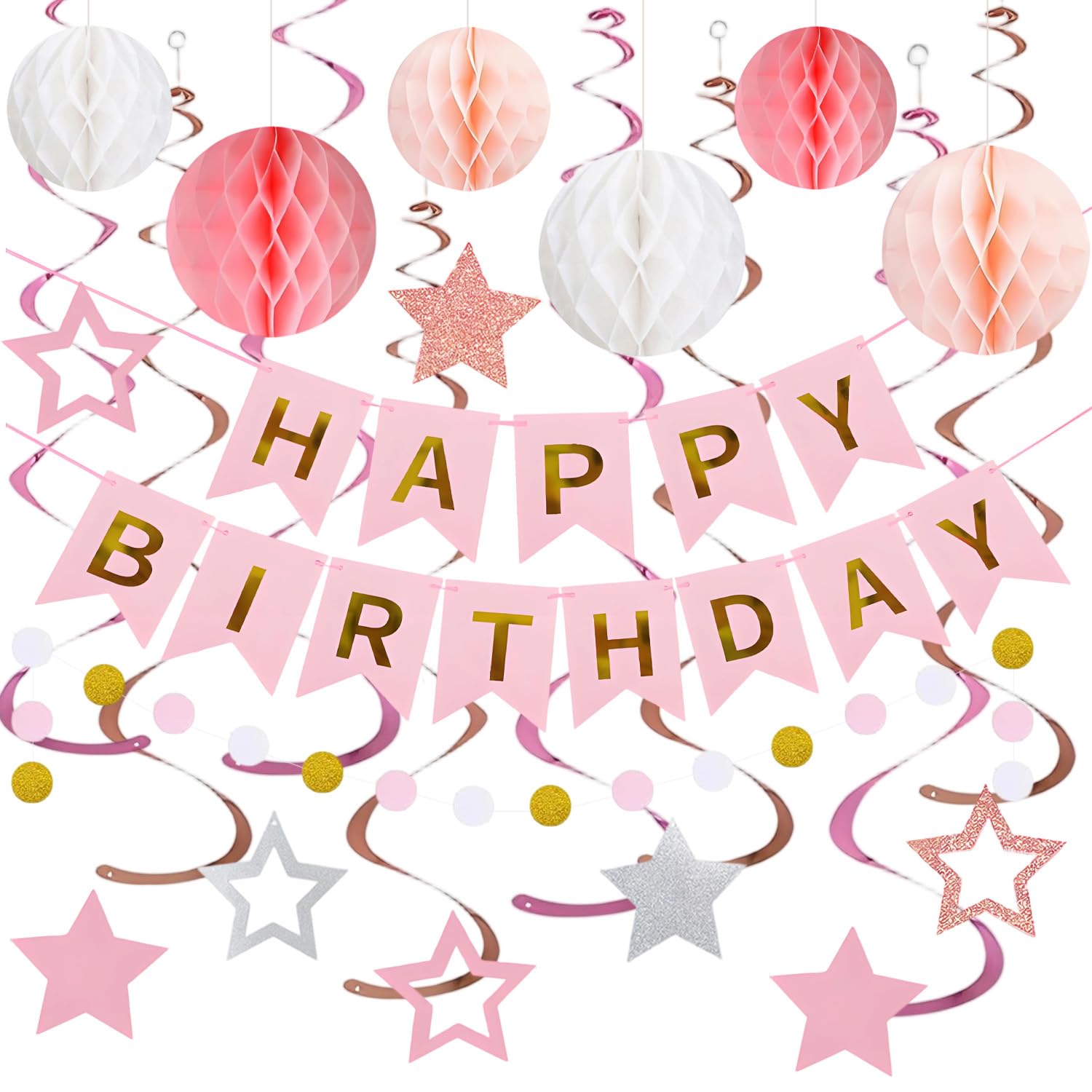 V-Kitpater Geburtstagsdeko Set mit Happy Birthday Girlande & Banner für Kindergeburtstag Rosa | 6 Honeycomb Ballons, 8 Sternen Spiralen | DIY, Leicht zu Montieren, Wiederverwendbar