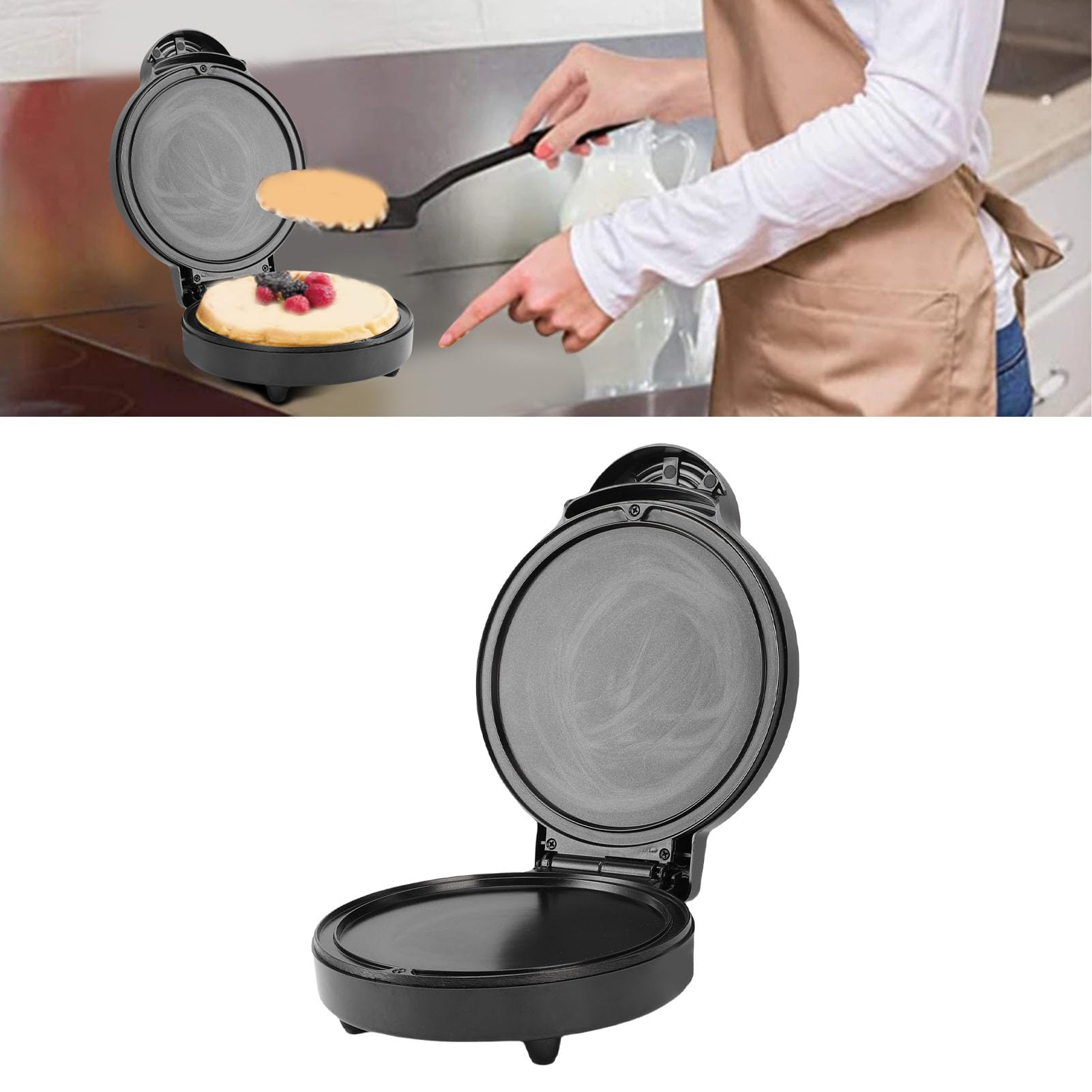 Electric Round Griddle 6.89in Heating Diameter Anti Stick 1000W Double Side Heating Countertop Pizza Maker for Pancake, for Family Breakfast and Quick Lunches (US Plug 110V)