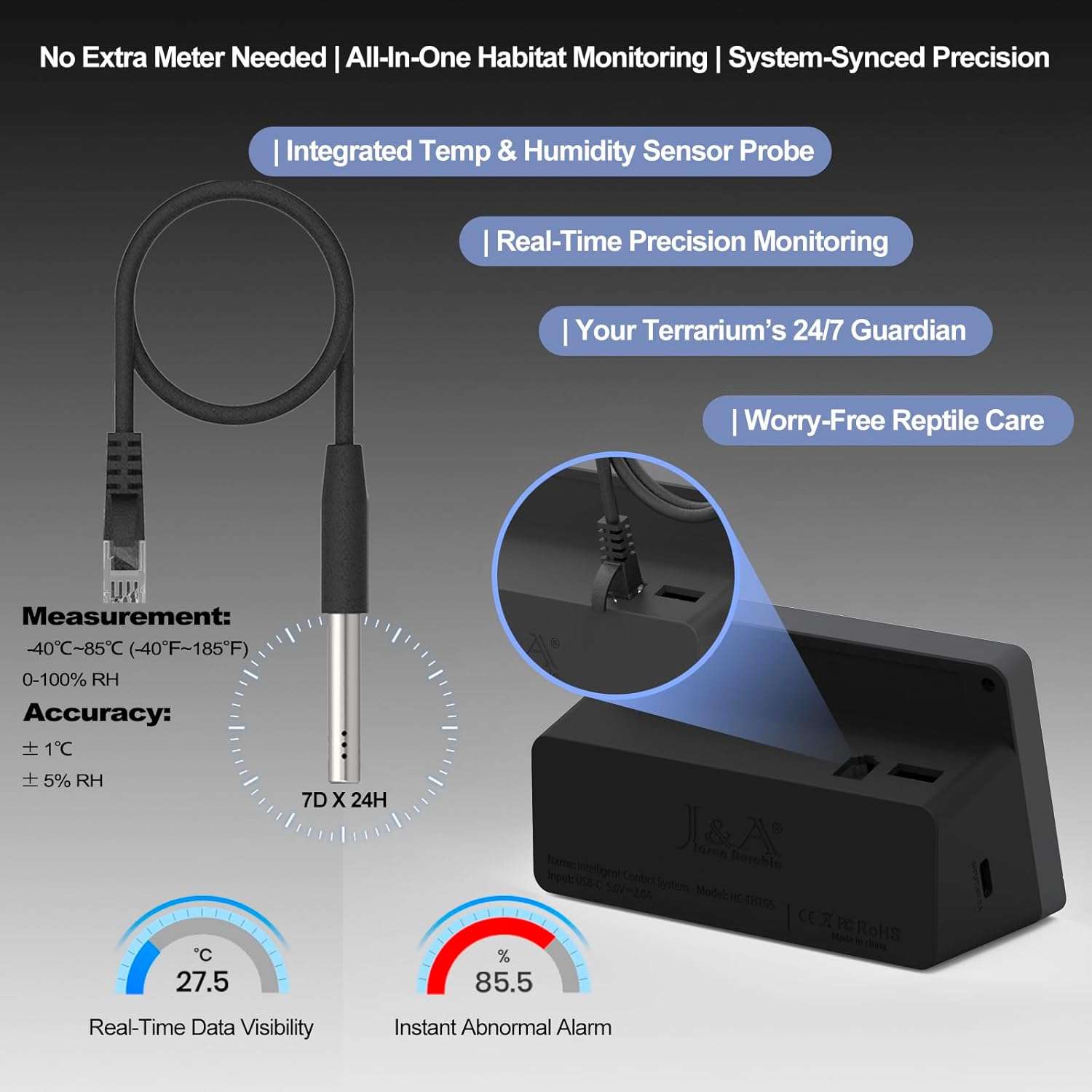 J&A Reptile Fogger, Automatic Mister for Reptile Tank & Terrarium Humidifier with Temp & Humidity Probe, Ideal for Amphibians, Paludarium, Vivarium (Grey & Black, New-Gen)