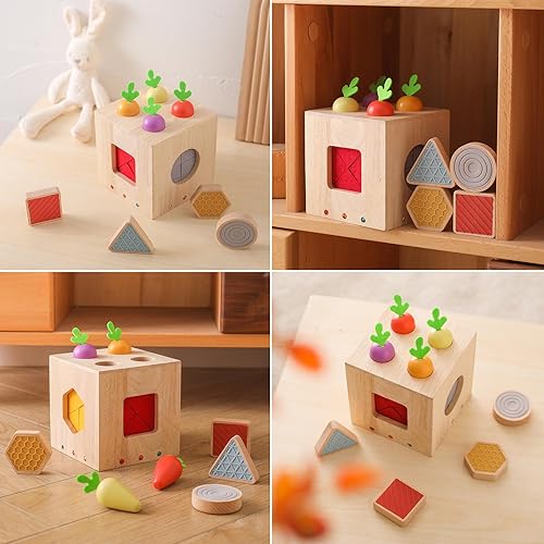 Miniatura 7 de Montessori Juguetes para niños y niñas pequeños clasificador de formas de madera, cubo de actividades, sensorial con bloque de forma, zanahorias,