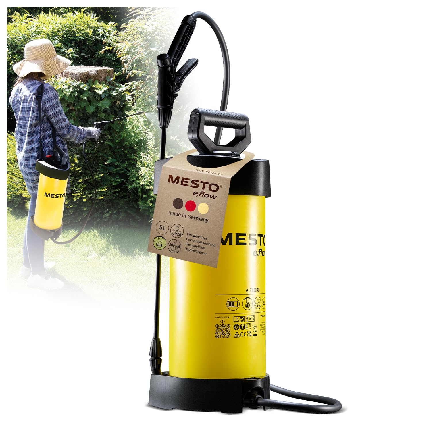 MESTO e.Flow e.Flori Compact Pulvérisateur à Batterie 3 L | Pulverisateur Electrique 1,4 Bar | Pulverisateur de Jardin électrique à Main avec Pompe intégrée pour Eau, Engrais et désherbage
