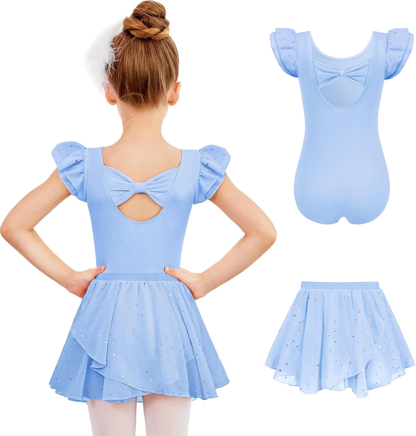 Zaclotre Ballet Leotards for Girls with Removable Skirt Toddler Ruffle Sleeve Bow Back Dance Dress Combo