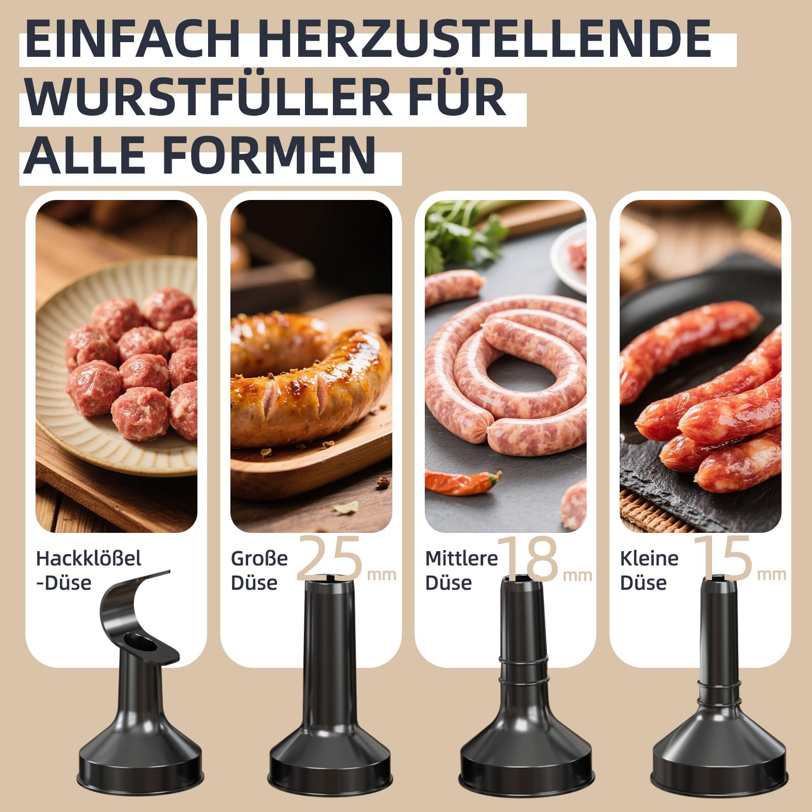 Keerain Embutidor eléctrico para carne y salchichas – Robot de cocina, picadora de carne con accesorios de albóndigas y 3 accesorios para salchichas