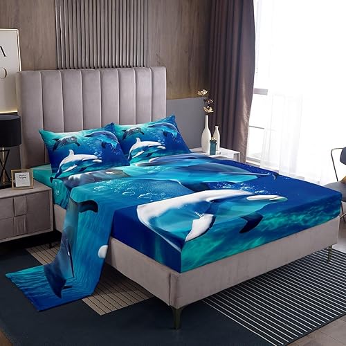 Miniatura 1 de Lindo juego de sábanas de delfín tamaño King, sábanas de delfín 3D para niños, niñas, adolescentes, decoración de habitación con temática oceánica,