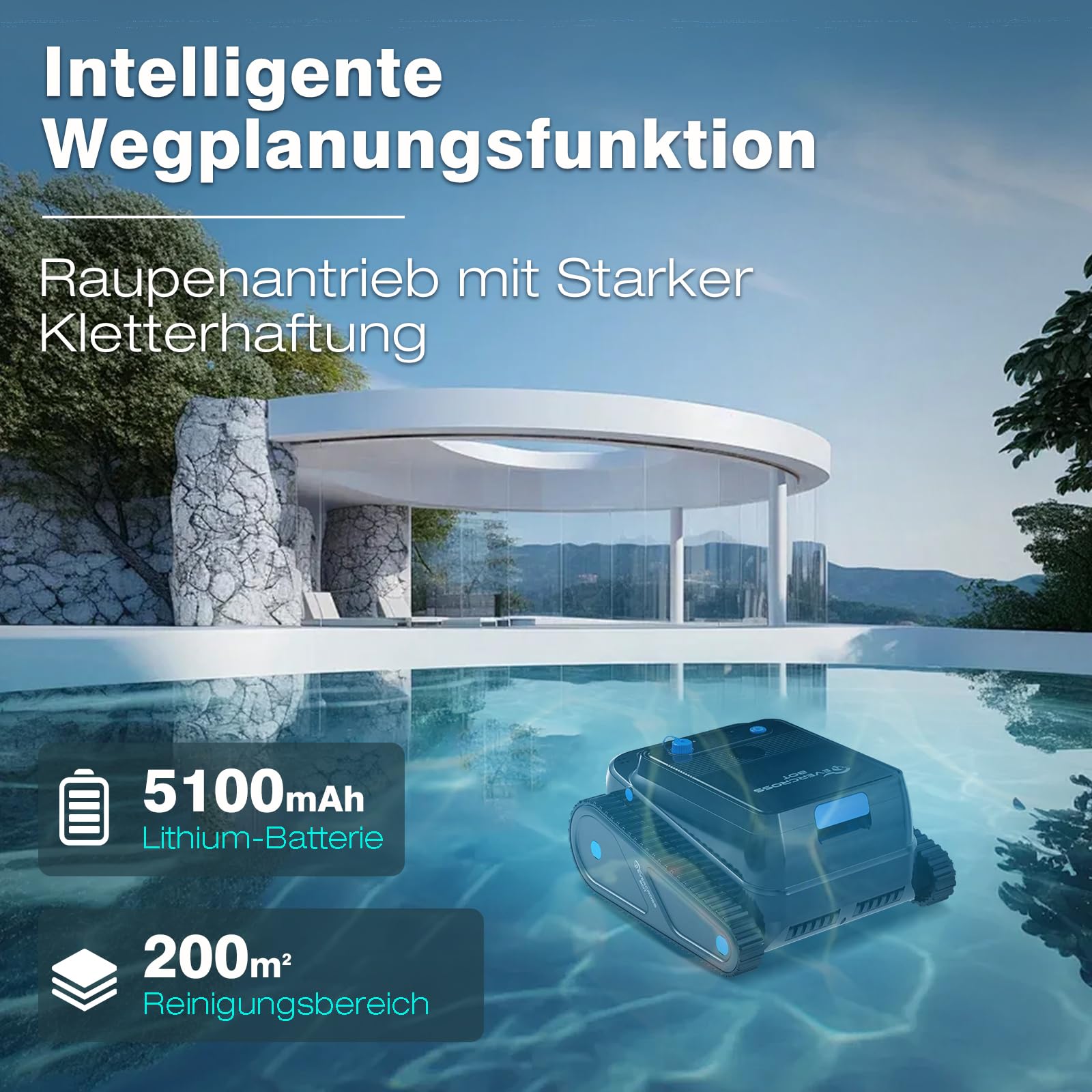 EVERCROSS BOT Robot de piscina inalámbrico con limpieza de pared y línea de