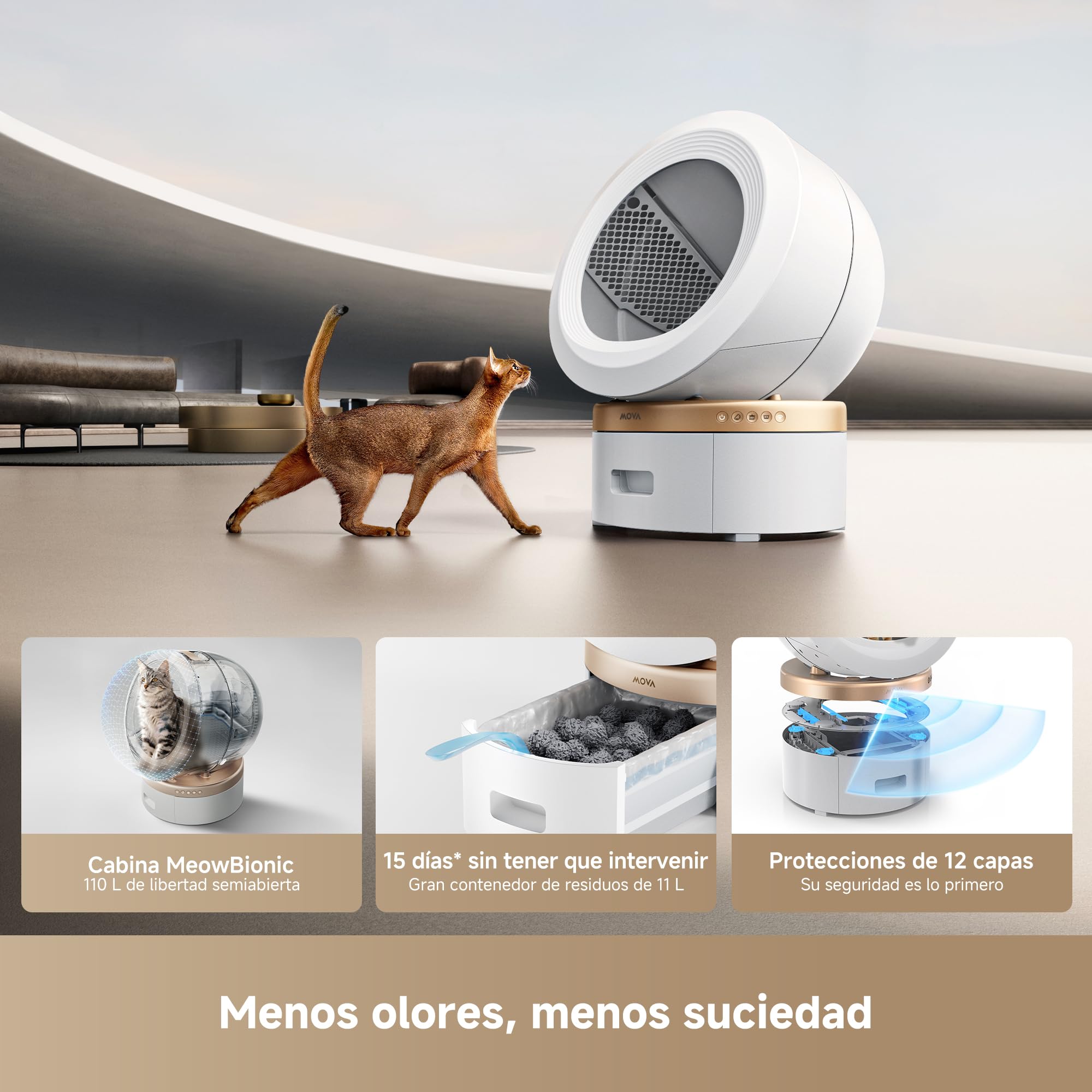 MOVA MeowgicPod LR10 Prime, arenero Inteligente para Gatos con Cabina de 110 L, 15 días sin intervenir, Aire Fresco, se extrae con Solo Tirar, monitorización, Control Remoto con la App