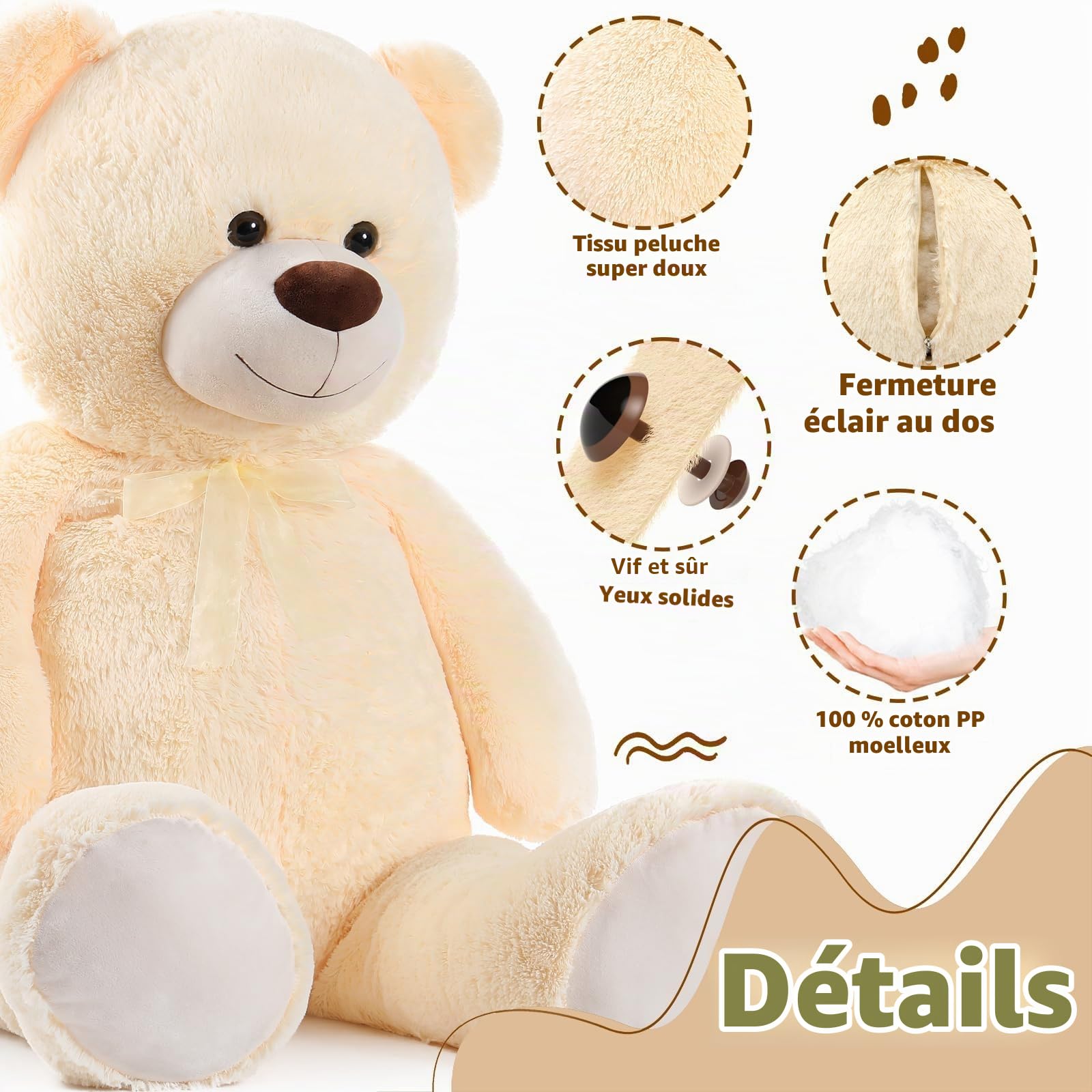 MorisMos Ours en Peluche Nounours Geant 130cm, Gros Doudou Teddy Bear Geante XXL Beige Mignonne,Cadeaux de Noël, Idée Cadeau Saint Valentin pour Femme Enfant Filles Amie Anniversaire Fête
