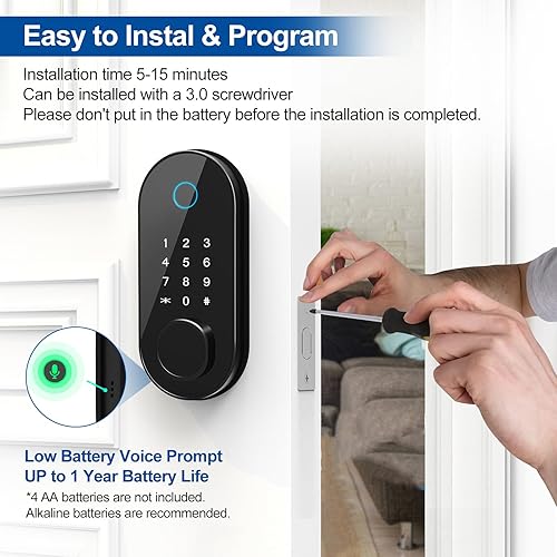 Miniatura 7 de Aquewind Cerradura inteligente para puerta, cerradura de huellas dactilares con teclado, cerradura de entrada sin llave Bluetooth, cerraduras