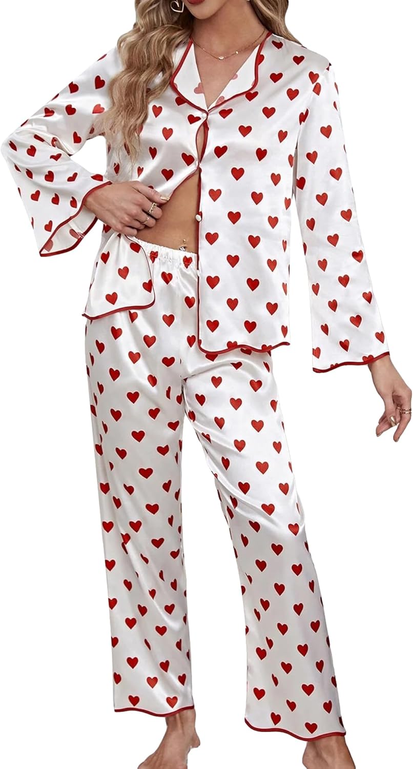Women Valentine's Day Pajama Set Satin Long Sleeve Lapel Button Up Shirt Tops Heart Print Pants 2Pc Sets Sleepwear