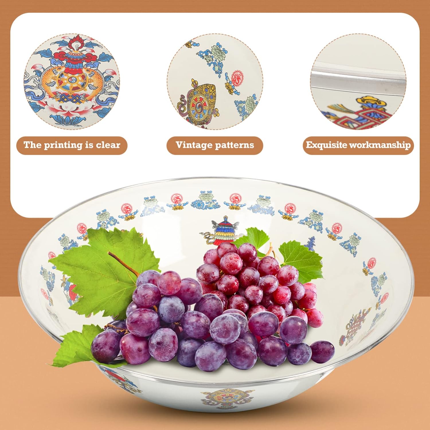 VSULZVNU 2pcs Large Enamel Mixing Bowl Vintage Salad Bowl Enamel Washing Basin Vintage Soup Basin Large Soup Bowl Enamelware Serving Bowl Pot