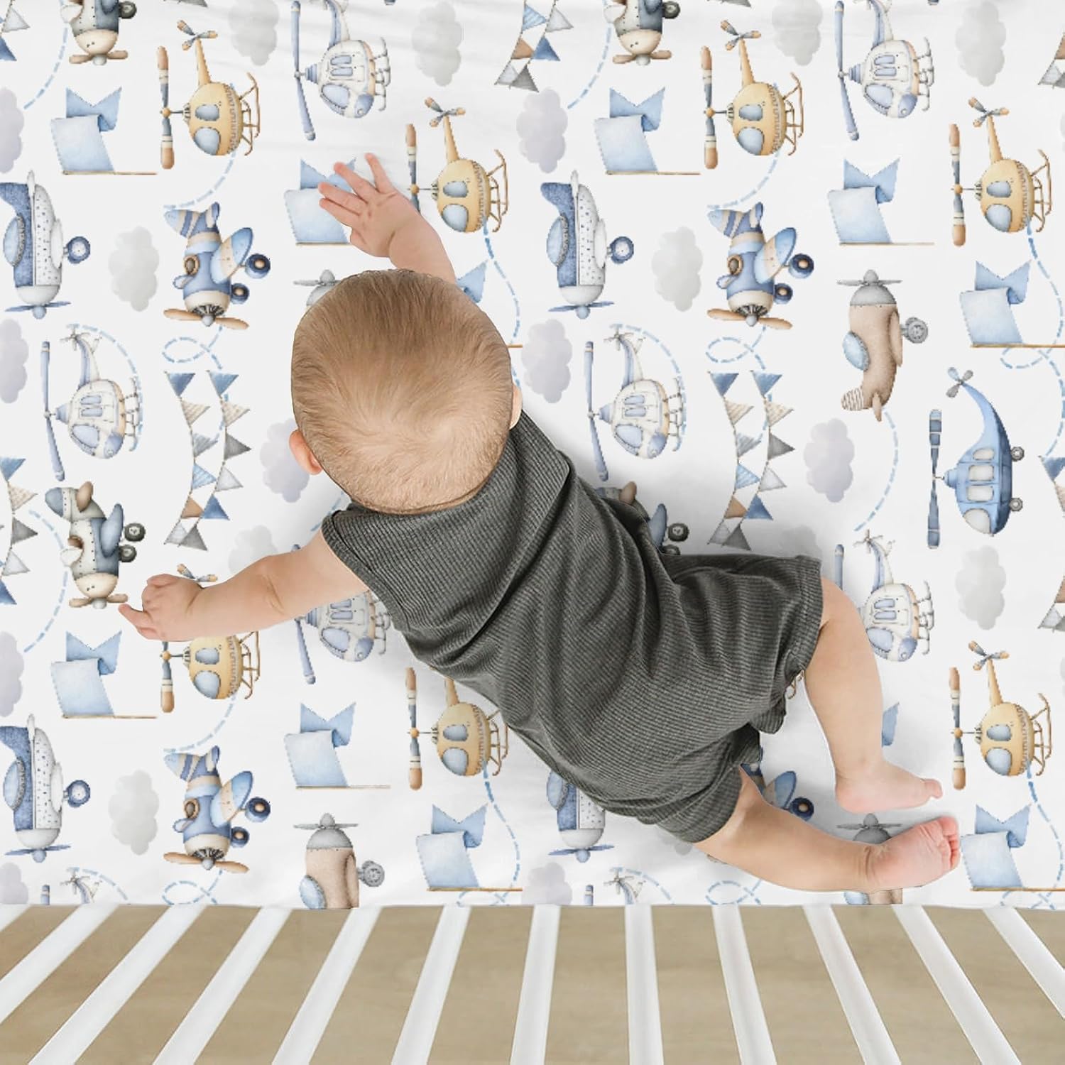 Watercolor Blue Airplanes Helicopters Baby Crib Sheets for Boy Girl 52x28Inch Vintage Aircraft Soft Snug Fitted Crib Mattress Cover Air Transport Travel Baby Sheet for Crib & Toddler Bed Mattress