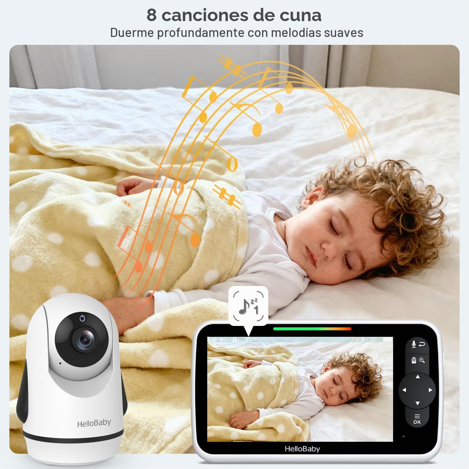 HelloBaby Monitor de Video para Bebés de 6", Pantalla Grande con Cámara y Audio, Batería de 4000mAh y Modo Eco, Visión Nocturna, Sin WiFi, Conversación Bidireccional y 8 Canciones de Cuna, Cámara PTZ