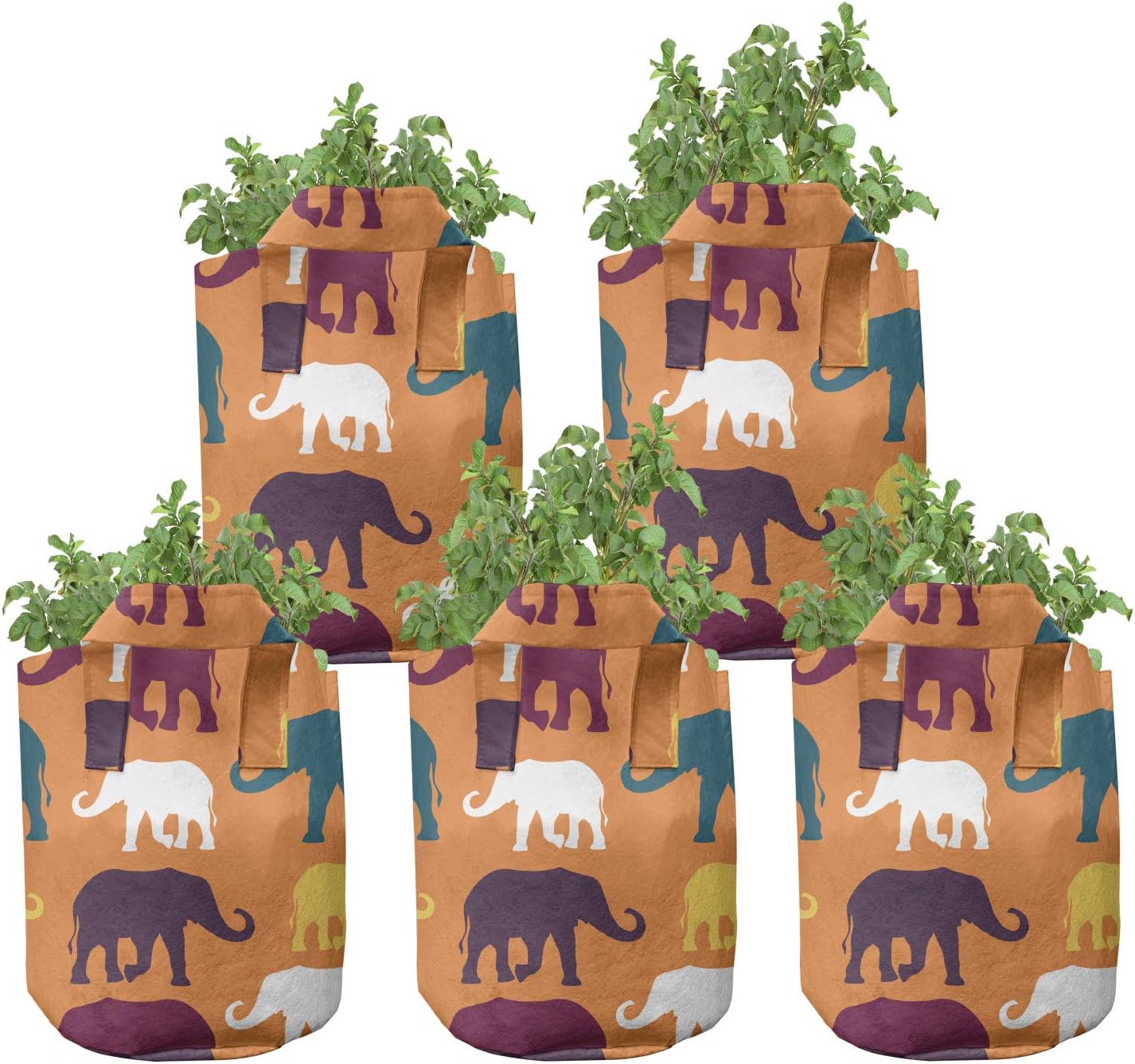 Lunarable Animal Grow Bags 5-Pack, Animals Trunks, Heavyduty Fabric Pots with Handles for Plants, Multicolor