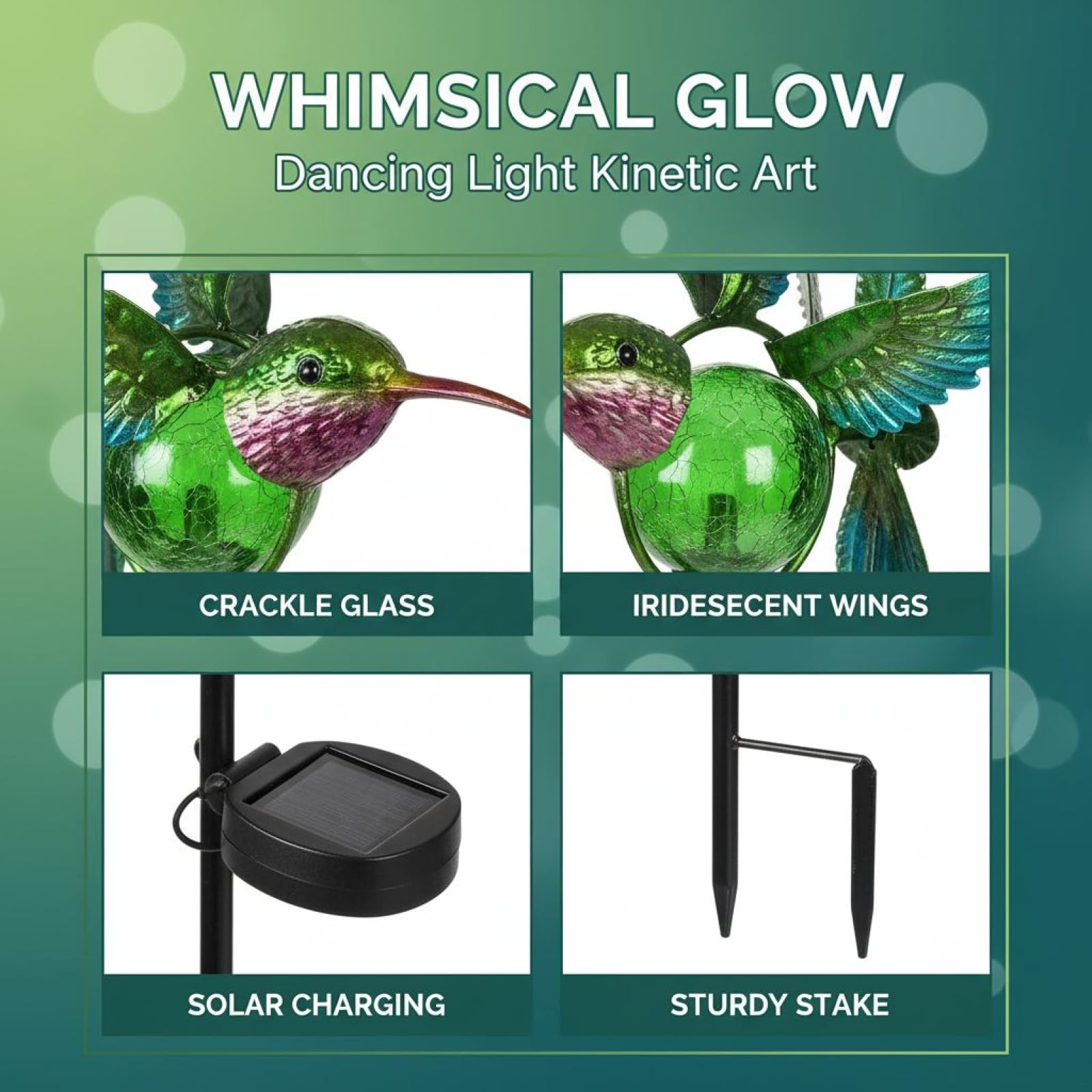 Molino de viento solar de colibrí de 49 pulgadas, molino de viento cinético para exteriores con bola de vidrio agrietado, luz de estaca para decoración de jardín para patio, césped