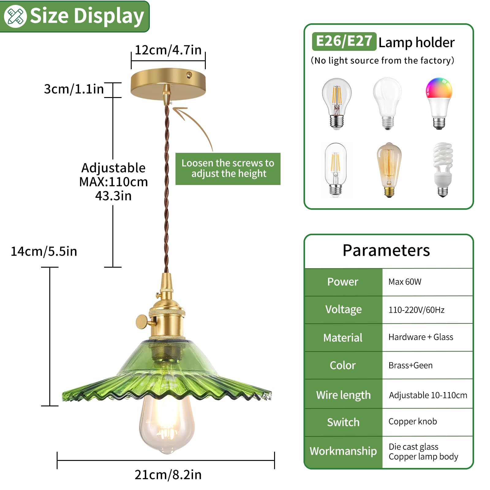 Mikeru Vintage Industrial Style Glass Pendant Light, Brass Pendant Light, Height Adjustable, for Dining Room Living Room - Image 2