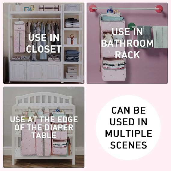 Orzbow 3-in-1 Hanging Diaper Caddy Organizer for Changing Table, Nursery Organization and Diaper Stacker for Crib Wall, Removable Diaper Organizer for Baby Girl Essentials, Pink