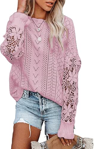 Dokotoo Womens Crewneck Crochet Lace Long Sleeve Hollow Out Cable