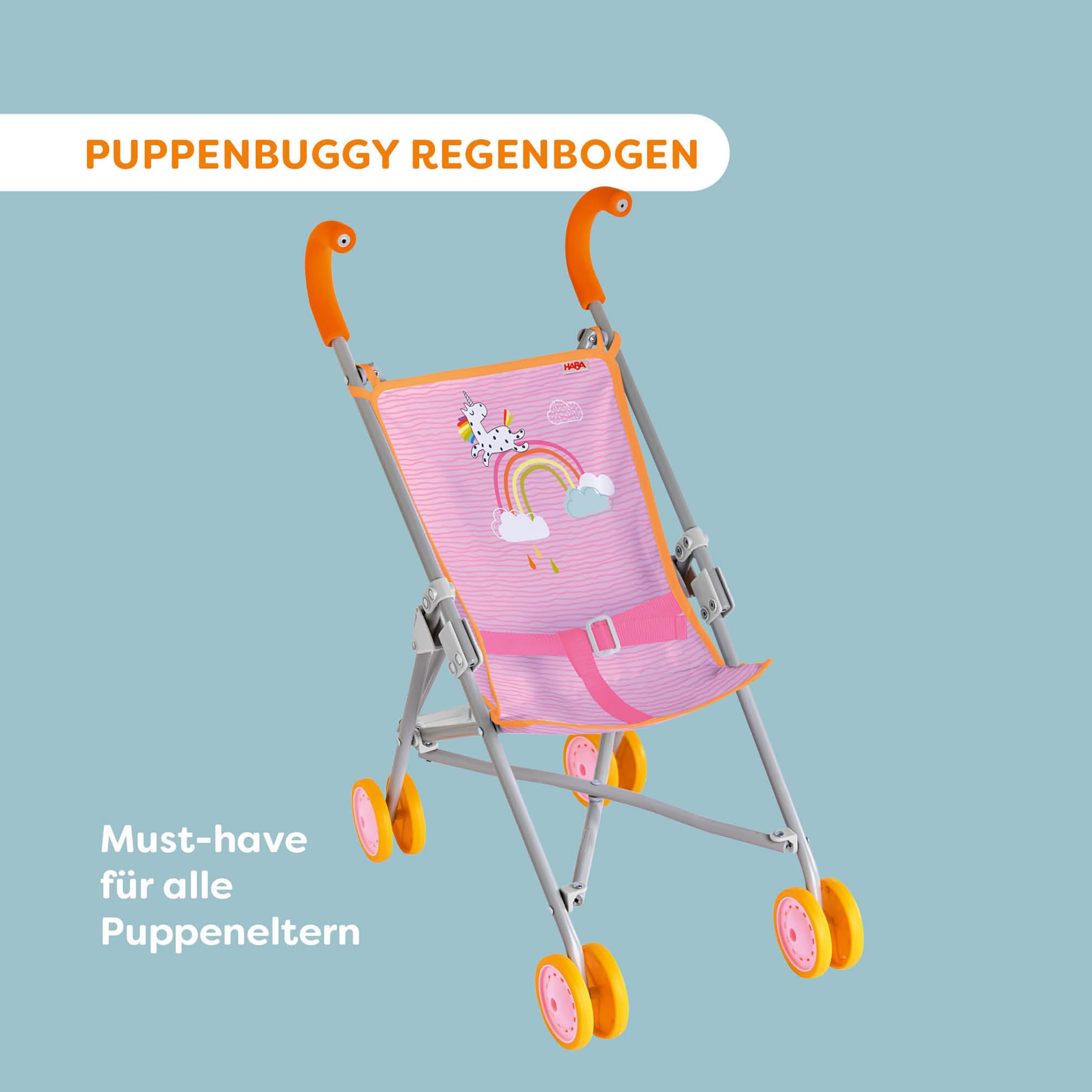 HABA Puppenbuggy Regenbogen – faltbar mit gepolsterten Griffen und Doppelrädern – für Puppen bis 45 cm – Puppenwagen für Kinder ab 2 & 3 Jahren – 2013338001