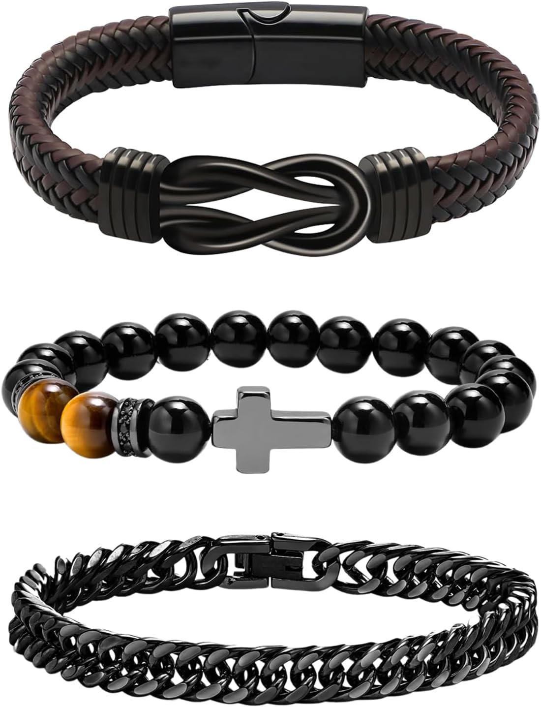 OIDEA Stainless Steel Mens Bracelet Set: 3 Piece Black Gemstone Tiger Eye Bracelets for Men Agate Cross Beaded Bracelet Leather Braided Infinity Bracelet Matching Bracelet Set Jewelry Gift