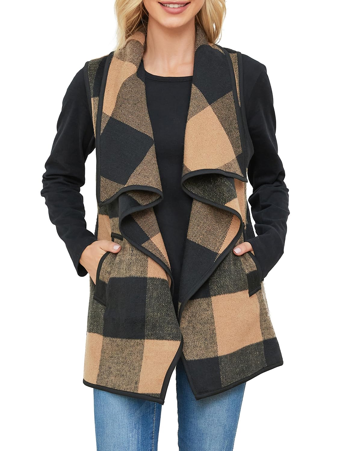 YACUN Women Plaid Vest Lapel Open Front Sleeveless Cardigan